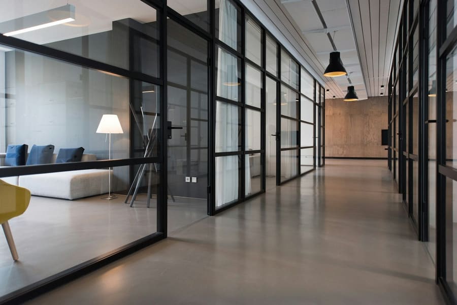 E-ink door signs along a conference centre corridor